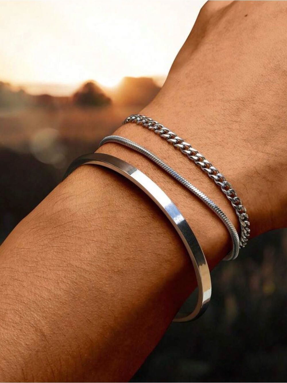 Men's Silver Bracelet Set — Polished Stainless Stack